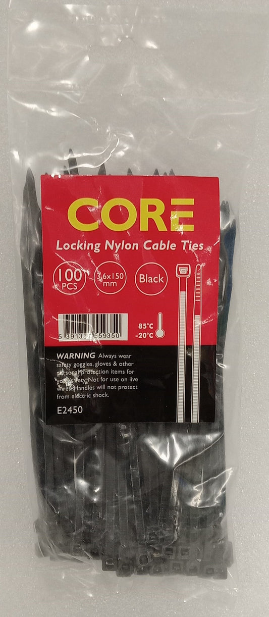 CORE LOCKING NYLON CABLE TIES 3.6X150MM